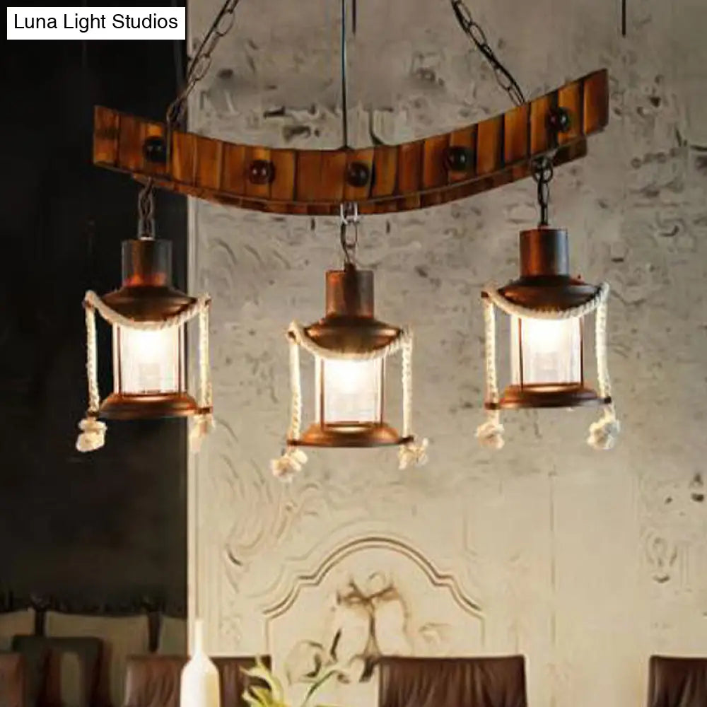 Dark Brown Glass Chandelier Light Lantern - 3 Lights Warehouse Hanging Ceiling Fixture For Kitchen