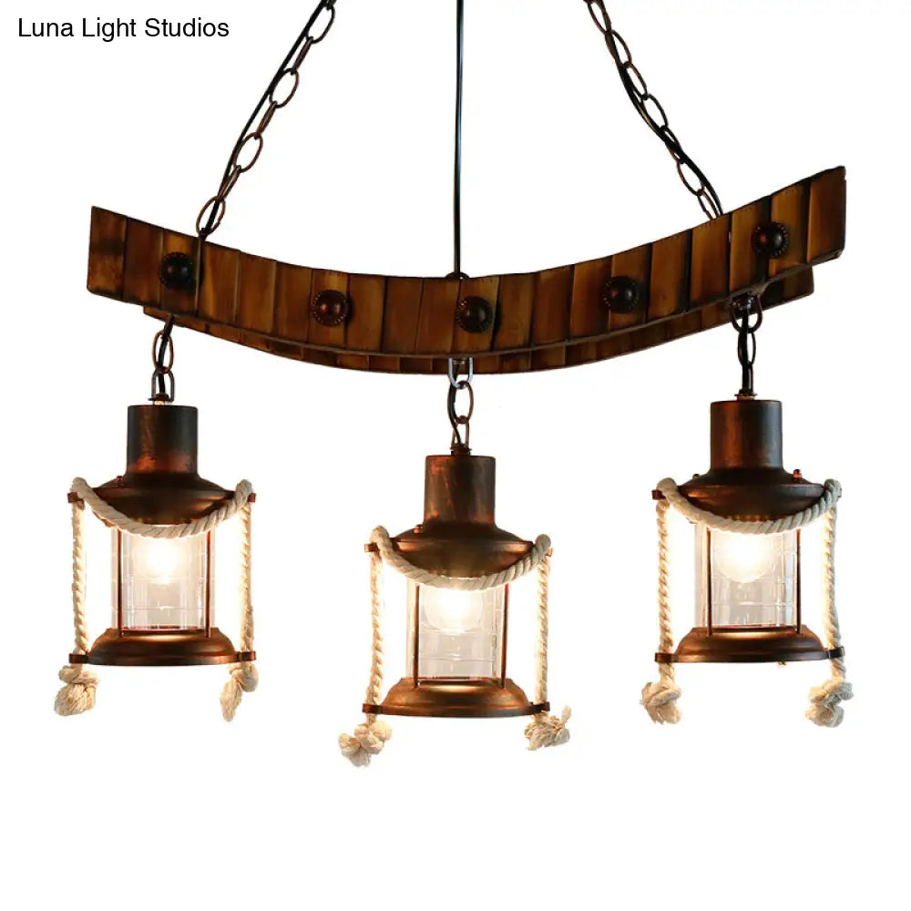 Dark Brown Glass Chandelier Light Lantern - 3 Lights Warehouse Ceiling Fixture For Kitchen