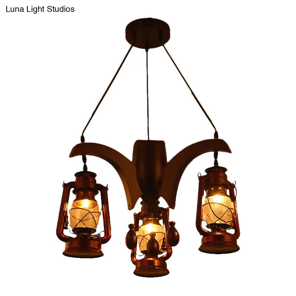 Dark Wood Industrial Kerosene Chandelier - 3-Light Clear Glass Ceiling Hanging Lamp For Living Room