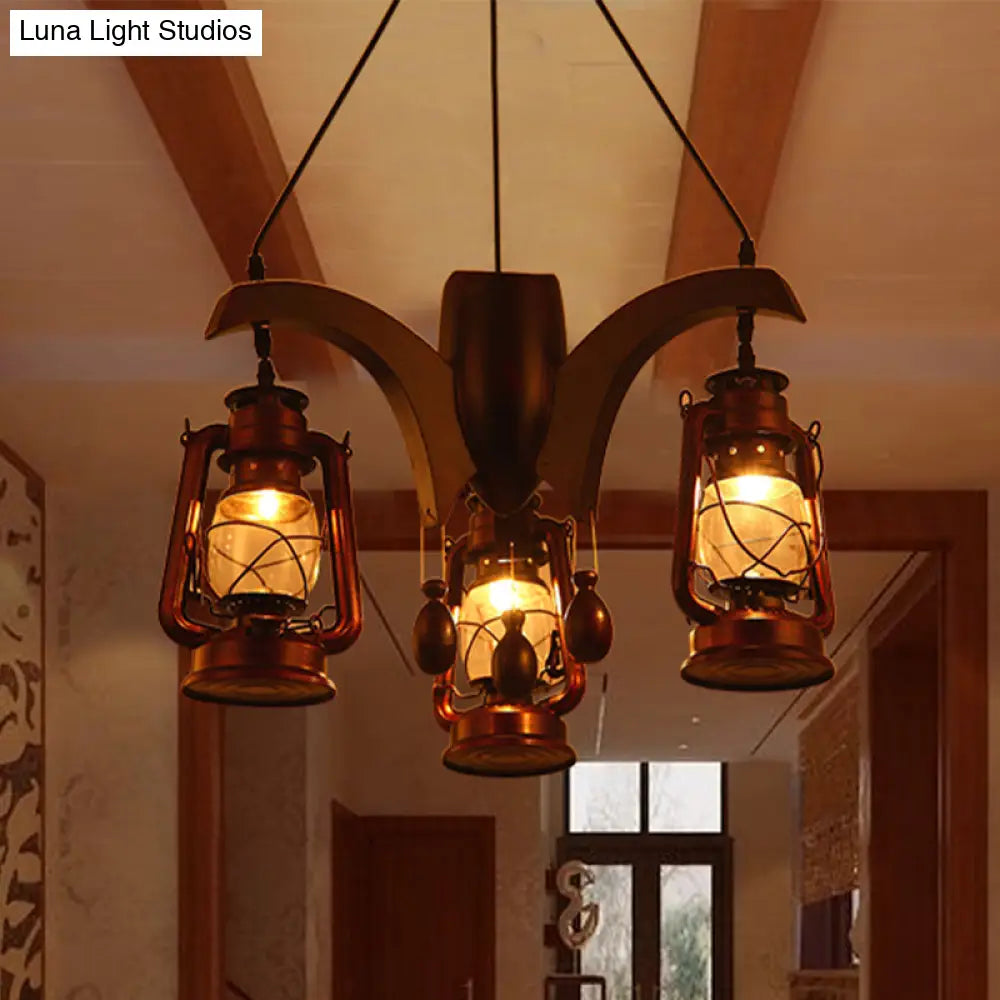 Dark Wood Industrial Kerosene Chandelier - 3-Light Clear Glass Ceiling Hanging Lamp For Living Room