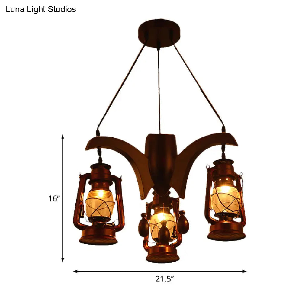 Industrial Kerosene Chandelier Lamp - Clear Glass Dark Wood Finish 3 Lights Perfect For Living Room