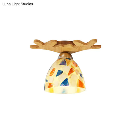 Deer Horn Antique Ceiling Mount Light: Beige Glass Lamp For Shops