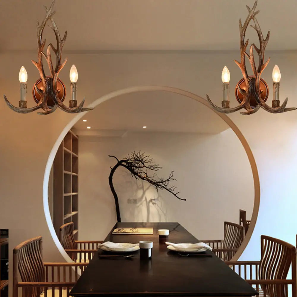 Deer Horn Resin Open Bulb Wall Lamp - 1 Light Lodge Country Sconce For Kitchen Brown