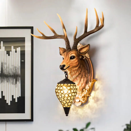 Deer Shaped Wall Mounted Light With Hand-Cut Crystal Shade - Cottage Style Sconce 1 Bulb Orange
