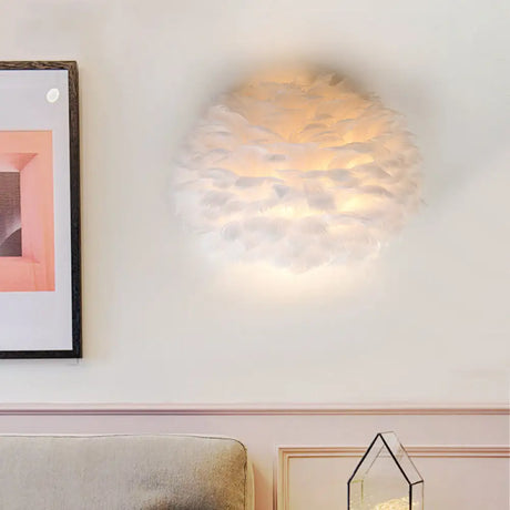 Designer Half Globe Wall Sconce With Feather Accent White/Grey Finish White