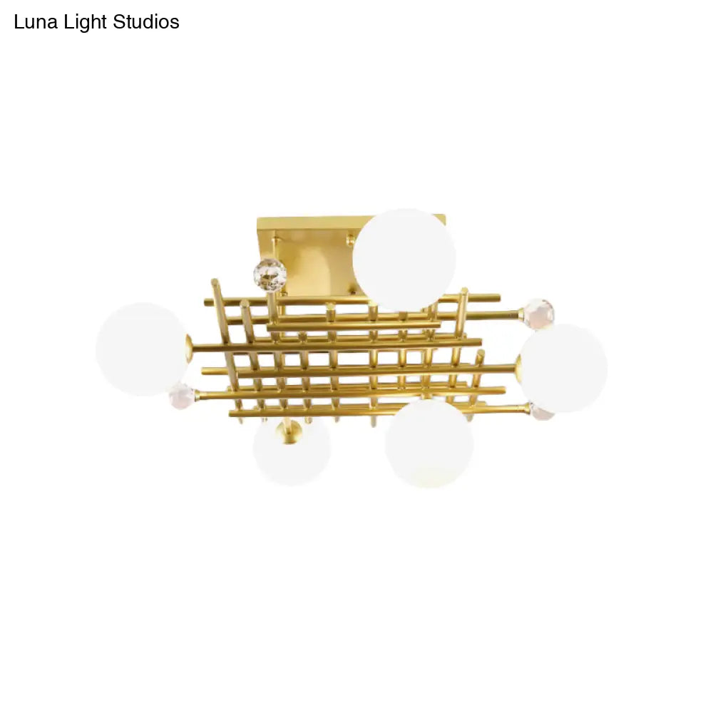 Designer Metallic Flush Mount Ceiling Lamp - Crossing Linear Semi Light With Crystal Ball Deco 5