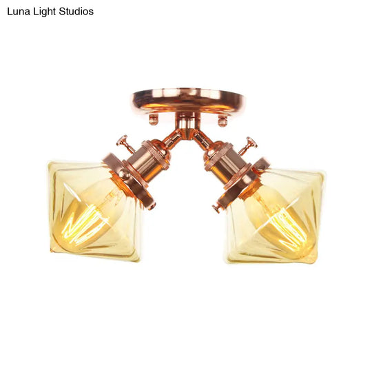 Diamond Amber/Clear Glass Semi Mount Farmhouse Light Fixture - 2 - Light Flush Black/Bronze Design