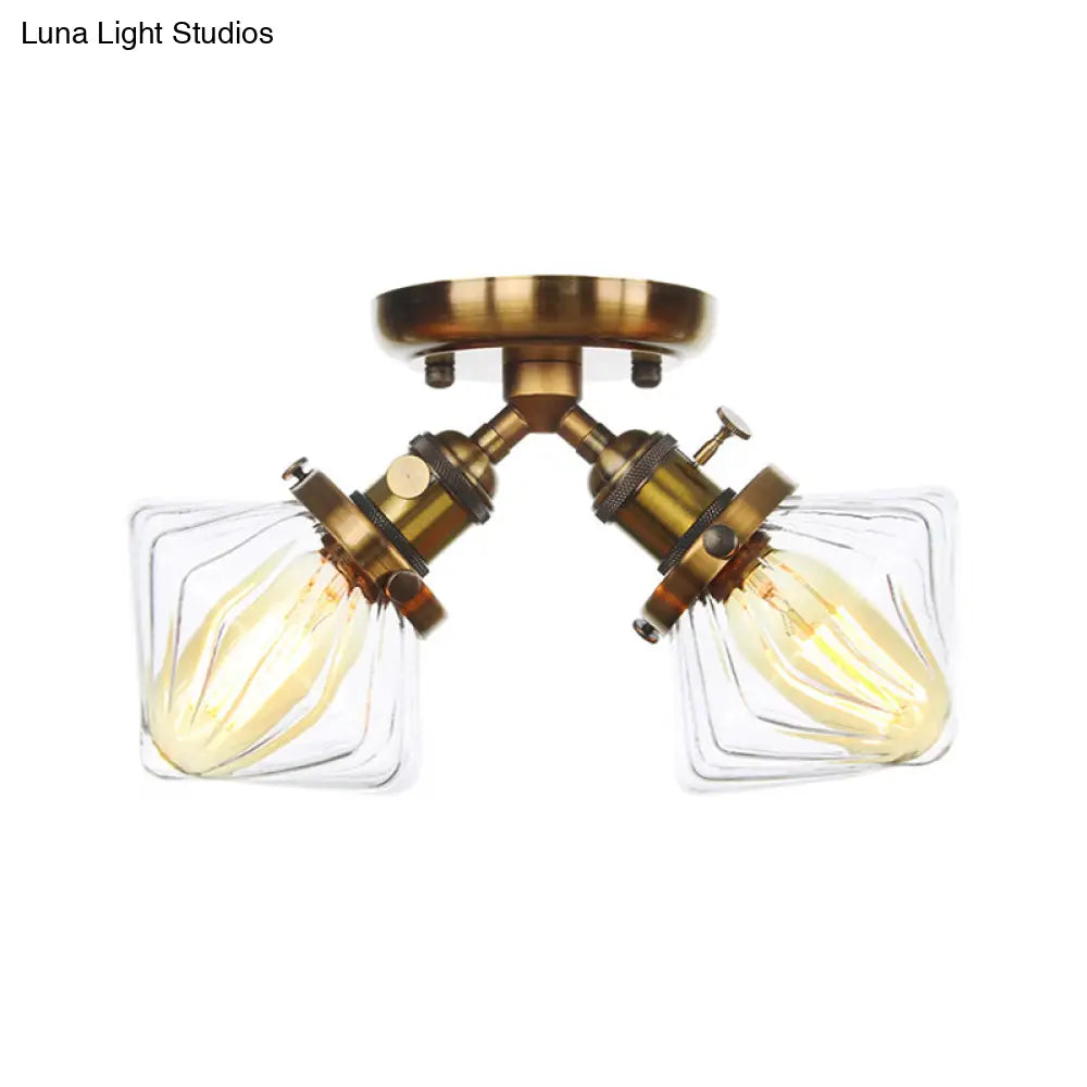 Diamond Amber/Clear Glass Semi Mount Farmhouse Light Fixture - 2-Light Flush Black/Bronze Design