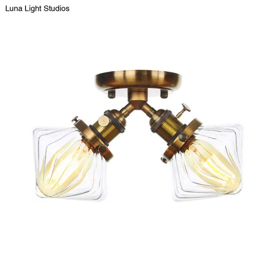 Diamond Amber/Clear Glass Semi Mount Farmhouse Light Fixture - 2-Light Flush Black/Bronze Design