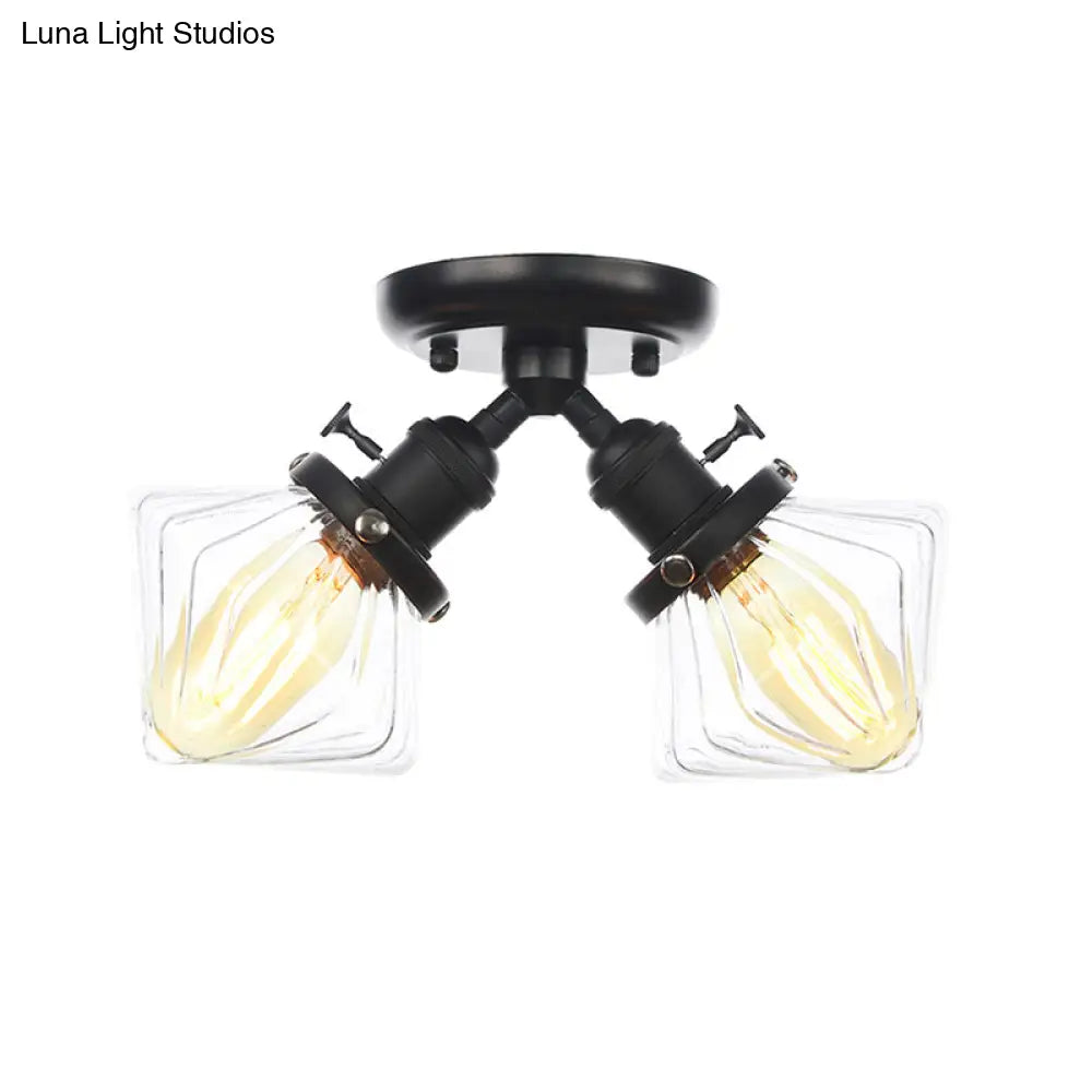 Diamond Amber/Clear Glass Semi Mount Farmhouse Light Fixture - 2-Light Flush Black/Bronze Design