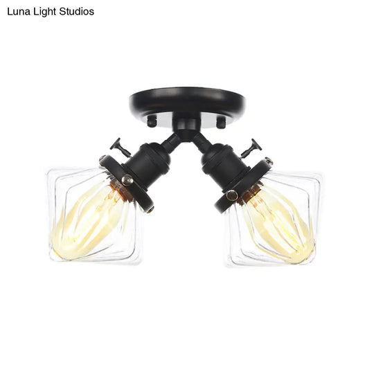 Diamond Amber/Clear Glass Semi Mount Farmhouse Light Fixture - 2-Light Flush Black/Bronze Design