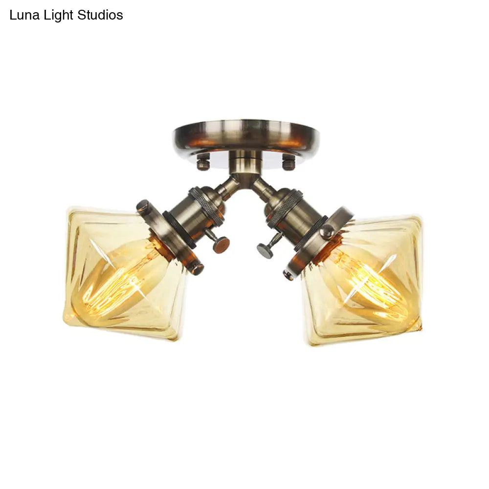 Diamond Amber/Clear Glass Semi Mount Farmhouse Light Fixture - 2-Light Flush Black/Bronze Design