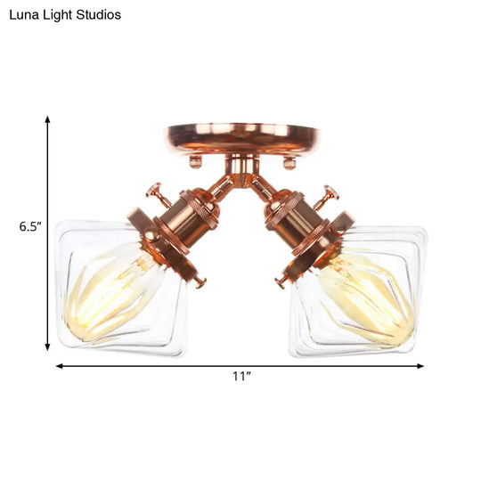 Diamond Amber/Clear Glass Semi Mount Farmhouse Light Fixture - 2-Light Flush Black/Bronze Design
