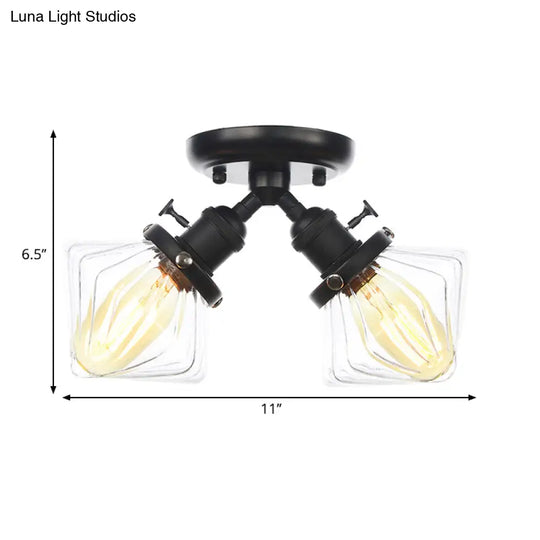 Diamond Amber/Clear Glass Semi Mount Farmhouse Light Fixture - 2 - Light Flush Black/Bronze Design