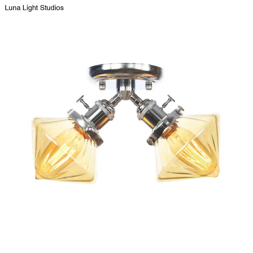 Diamond Amber/Clear Glass Semi Mount Farmhouse Light Fixture - 2 - Light Flush Black/Bronze Design