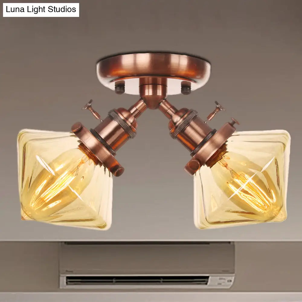 Diamond Amber/Clear Glass Semi Mount Farmhouse Light Fixture - 2-Light Flush Black/Bronze Design