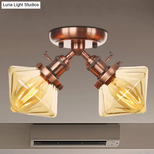 Diamond Amber/Clear Glass Semi Mount Farmhouse Light Fixture - 2-Light Flush Black/Bronze Design
