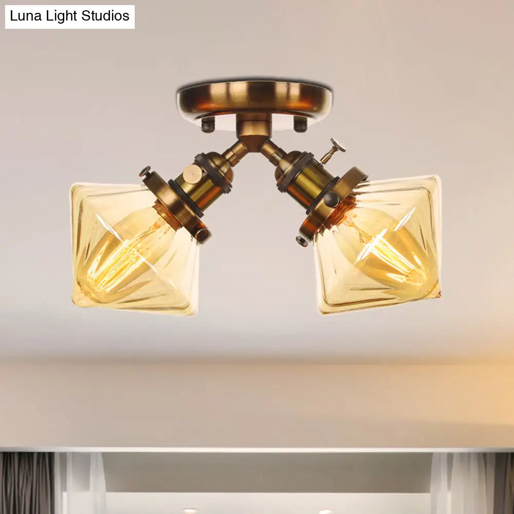 Diamond Amber/Clear Glass Semi Mount Farmhouse Light Fixture - 2 - Light Flush Black/Bronze Design