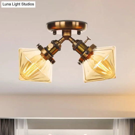 Diamond Amber/Clear Glass Semi Mount Farmhouse Light Fixture - 2 - Light Flush Black/Bronze Design
