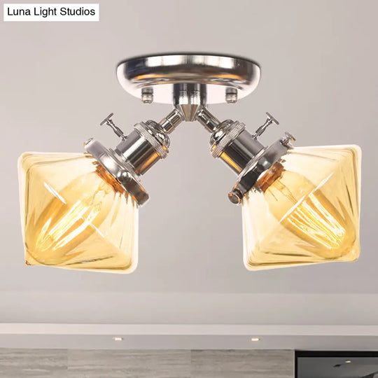 Diamond Amber/Clear Glass Semi Mount Farmhouse Light Fixture - 2-Light Flush Black/Bronze Design