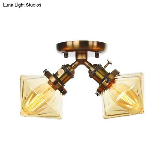 Diamond Amber/Clear Glass Semi Mount Farmhouse Light Fixture - 2-Light Flush Black/Bronze Design