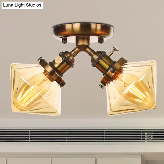 Diamond Amber/Clear Glass Semi Mount Farmhouse Light Fixture - 2-Light Flush Black/Bronze Design