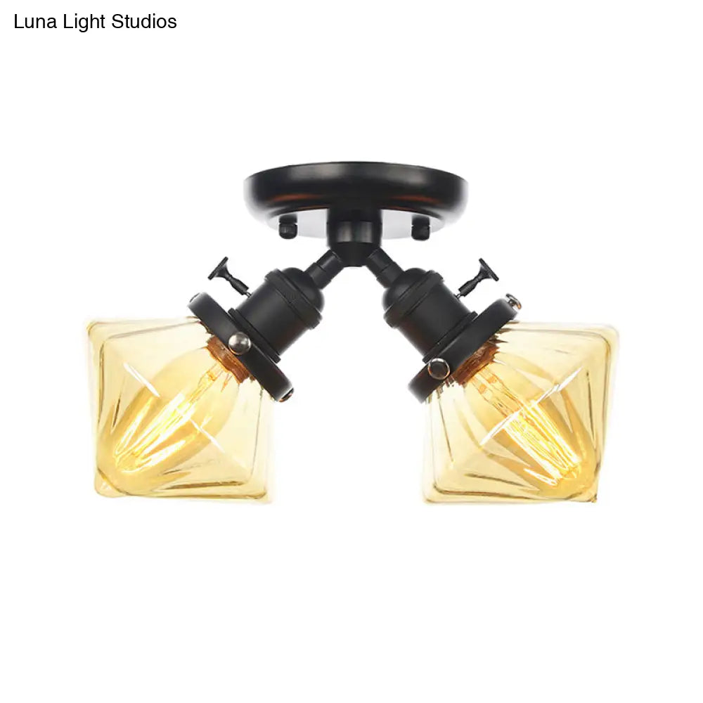 Diamond Amber/Clear Glass Semi Mount Farmhouse Light Fixture - 2-Light Flush Black/Bronze Design