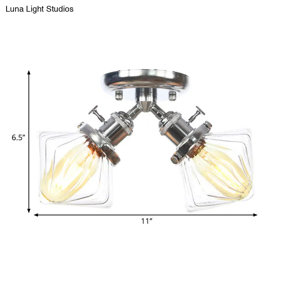 Diamond Amber/Clear Glass Semi Mount Farmhouse Light Fixture - 2-Light Flush Black/Bronze Design