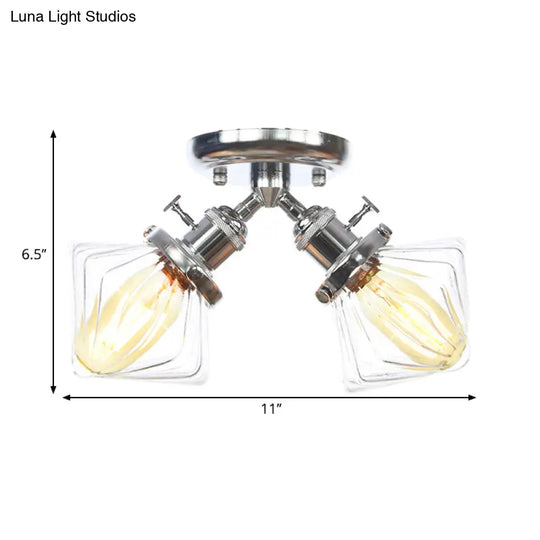 Diamond Amber/Clear Glass Semi Mount Farmhouse Light Fixture - 2-Light Flush Black/Bronze Design
