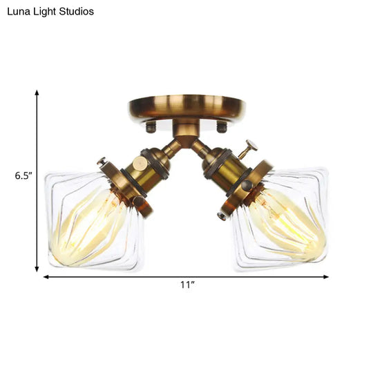 Diamond Amber/Clear Glass Semi Mount Farmhouse Light Fixture - 2-Light Flush Black/Bronze Design