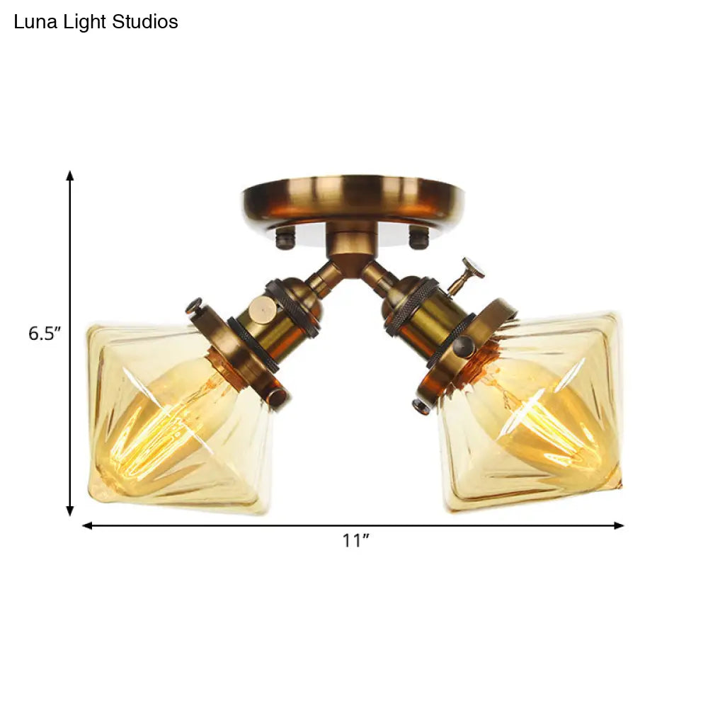 Diamond Amber/Clear Glass Semi Mount Farmhouse Light Fixture - 2 - Light Flush Black/Bronze Design