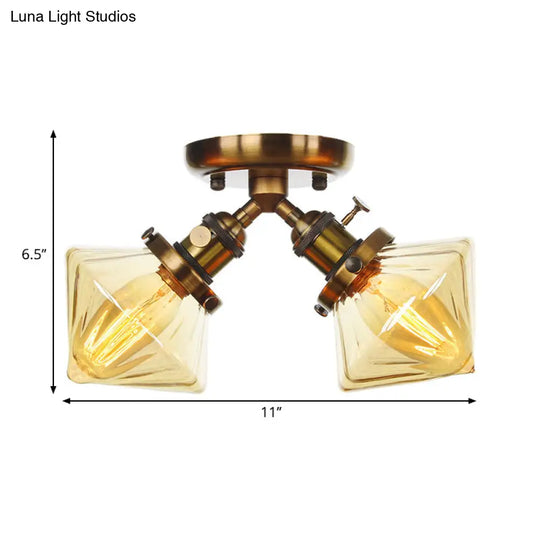 Diamond Amber/Clear Glass Semi Mount Farmhouse Light Fixture - 2 - Light Flush Black/Bronze Design