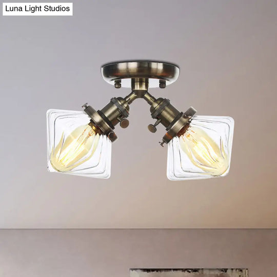 Diamond Amber/Clear Glass Semi Mount Farmhouse Light Fixture - 2 - Light Flush Black/Bronze Design