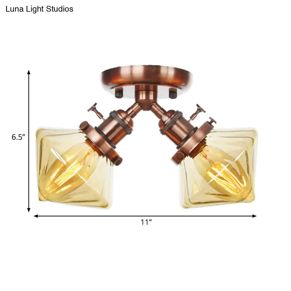 Diamond Amber/Clear Glass Semi Mount Farmhouse Light Fixture - 2-Light Flush Black/Bronze Design