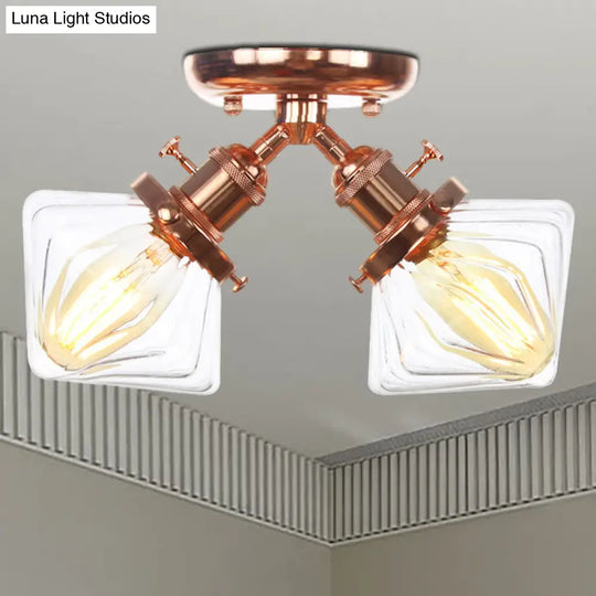 Diamond Amber/Clear Glass Semi Mount Farmhouse Light Fixture - 2-Light Flush Black/Bronze Design