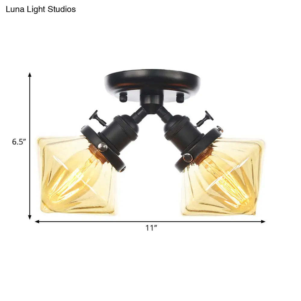 Diamond Amber/Clear Glass Semi Mount Farmhouse Light Fixture - 2 - Light Flush Black/Bronze Design