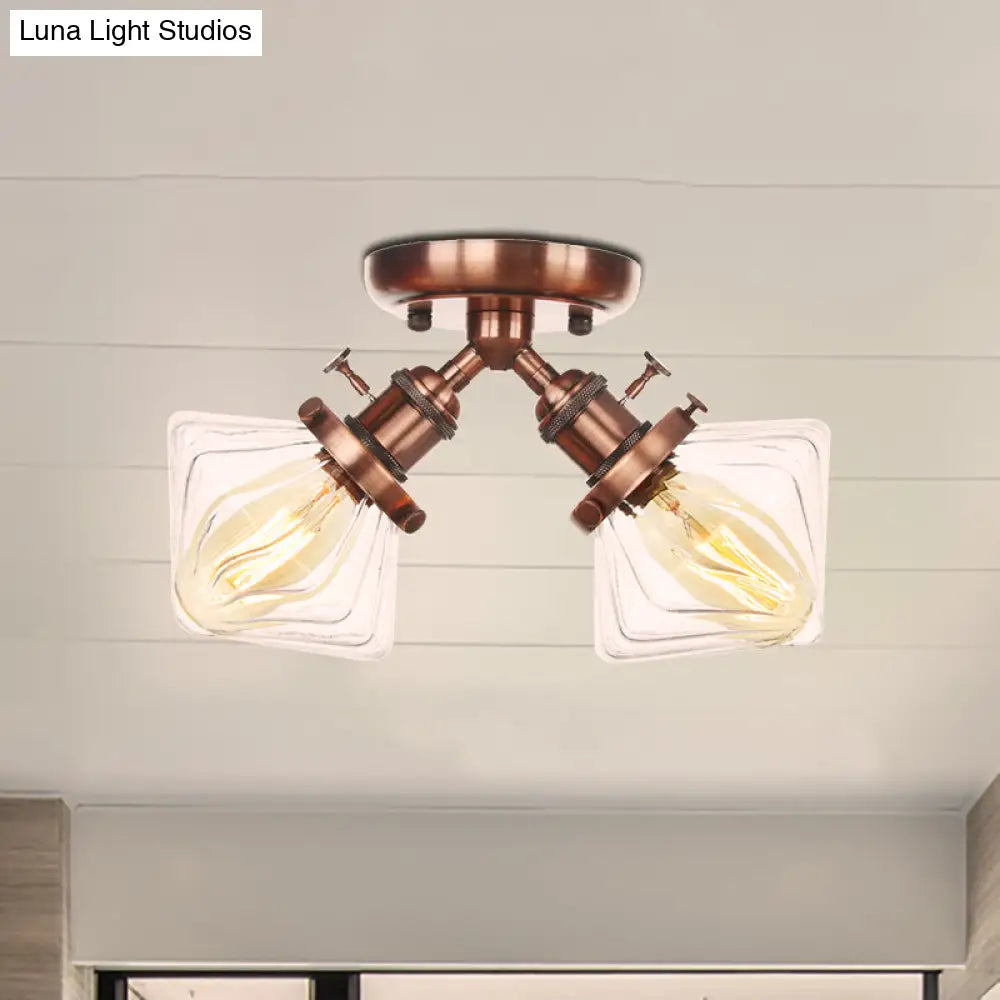 Diamond Amber/Clear Glass Semi Mount Farmhouse Light Fixture - 2 - Light Flush Black/Bronze Design