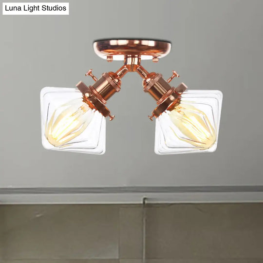 Diamond Amber/Clear Glass Semi Mount Farmhouse Light Fixture - 2 - Light Flush Black/Bronze Design