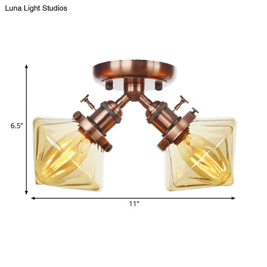 Diamond Amber/Clear Glass Semi Mount Farmhouse Light Fixture - 2 - Light Flush Black/Bronze Design