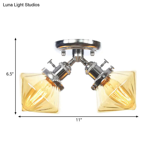 Diamond Amber/Clear Glass Semi Mount Farmhouse Light Fixture - 2 - Light Flush Black/Bronze Design