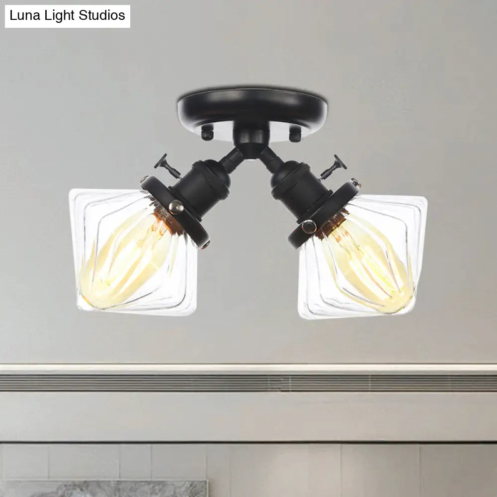 Diamond Amber/Clear Glass Semi Mount Farmhouse Light Fixture - 2-Light Flush Black/Bronze Design
