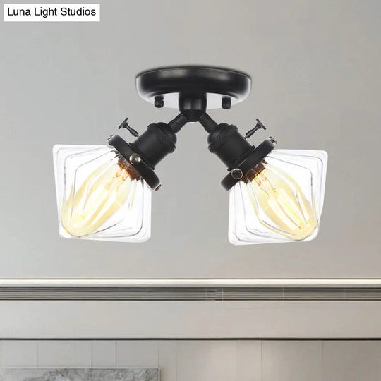 Diamond Amber/Clear Glass Semi Mount Farmhouse Light Fixture - 2-Light Flush Black/Bronze Design