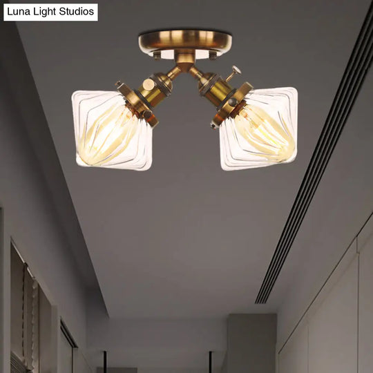 Diamond Amber/Clear Glass Semi Mount Farmhouse Light Fixture - 2 - Light Flush Black/Bronze Design