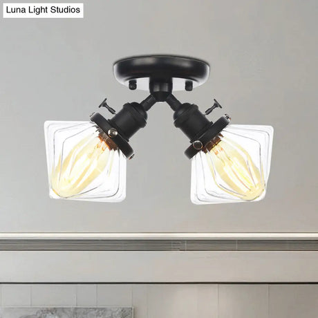 Diamond Amber/Clear Glass Semi Mount Farmhouse Light Fixture - 2 - Light Flush Black/Bronze Design