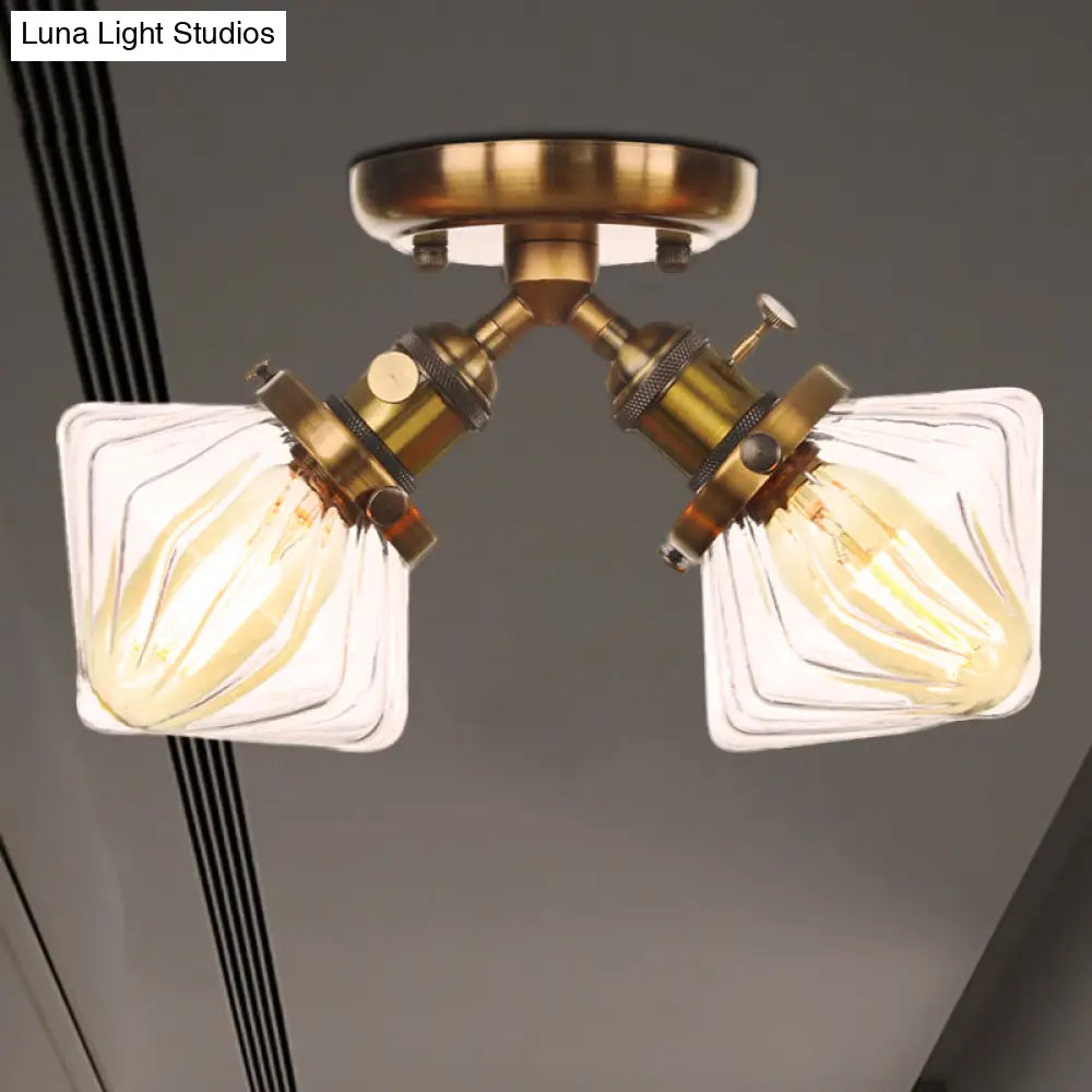 Diamond Amber/Clear Glass Semi Mount Farmhouse Light Fixture - 2-Light Flush Black/Bronze Design
