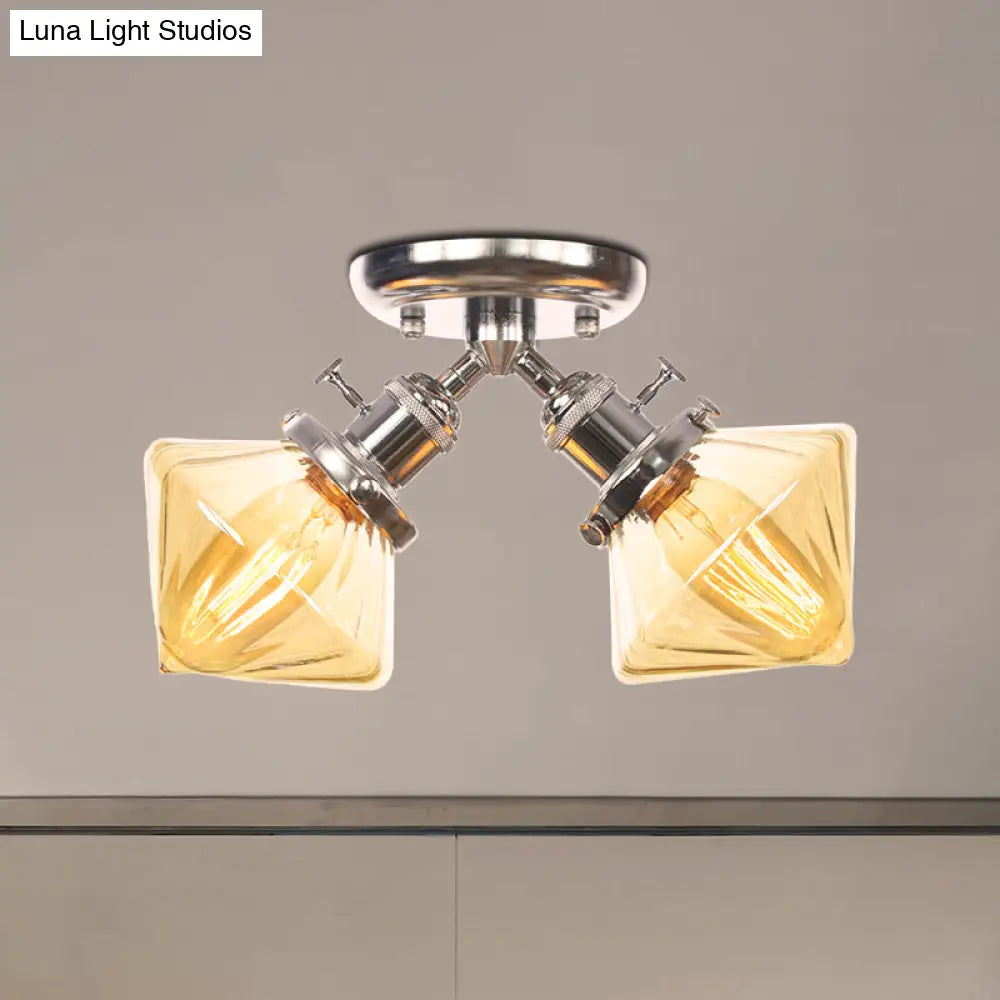 Diamond Amber/Clear Glass Semi Mount Farmhouse Light Fixture - 2-Light Flush Black/Bronze Design