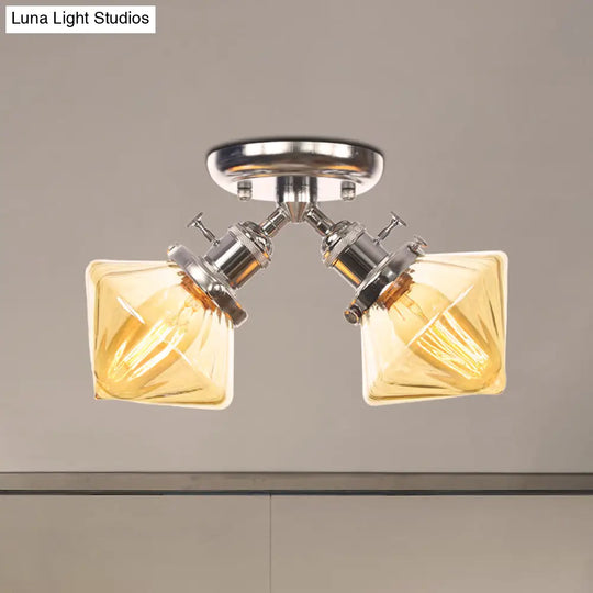 Diamond Amber/Clear Glass Semi Mount Farmhouse Light Fixture - 2-Light Flush Black/Bronze Design