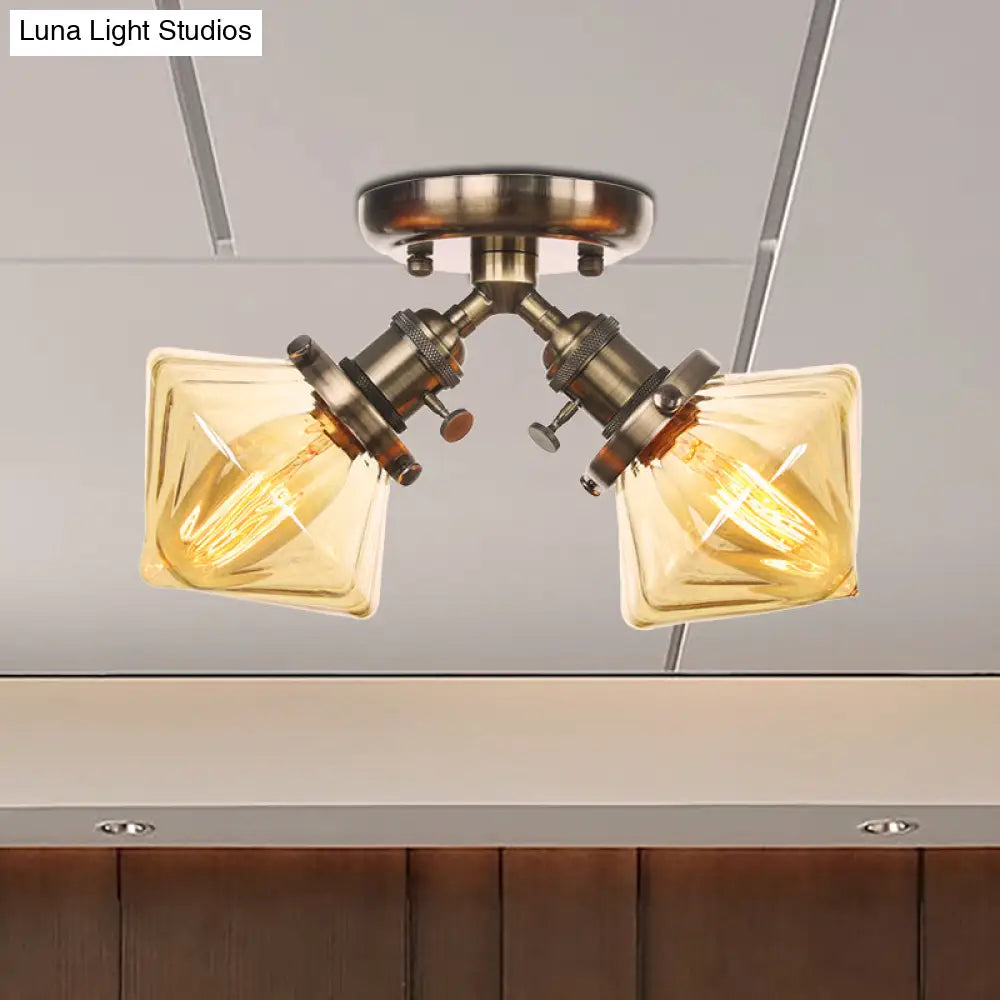 Diamond Amber/Clear Glass Semi Mount Farmhouse Light Fixture - 2 - Light Flush Black/Bronze Design