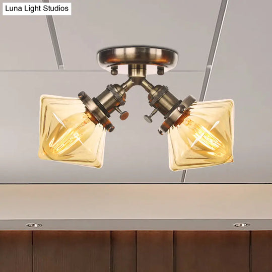 Diamond Amber/Clear Glass Semi Mount Farmhouse Light Fixture - 2 - Light Flush Black/Bronze Design