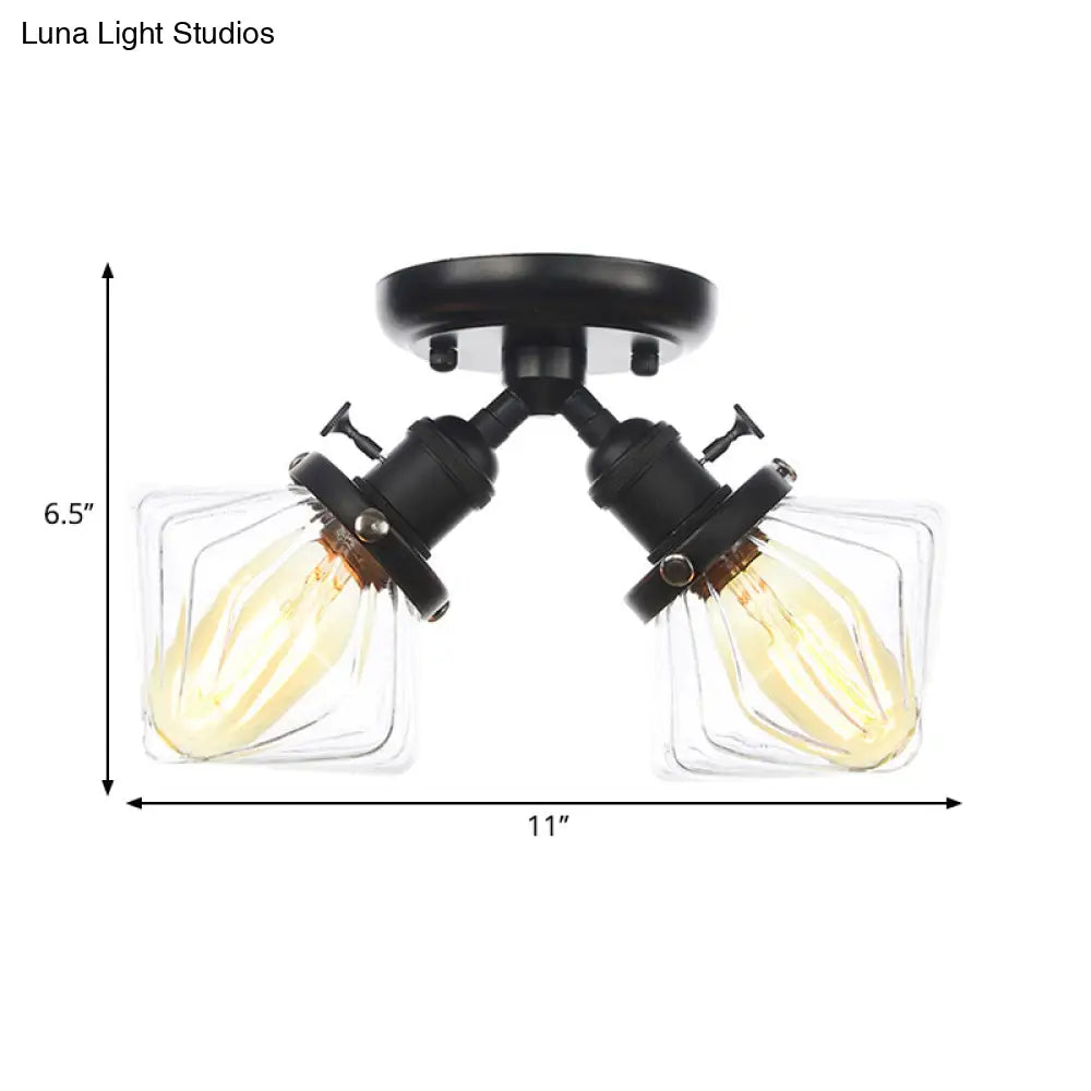 Diamond Amber/Clear Glass Semi Mount Farmhouse Light Fixture - 2-Light Flush Black/Bronze Design
